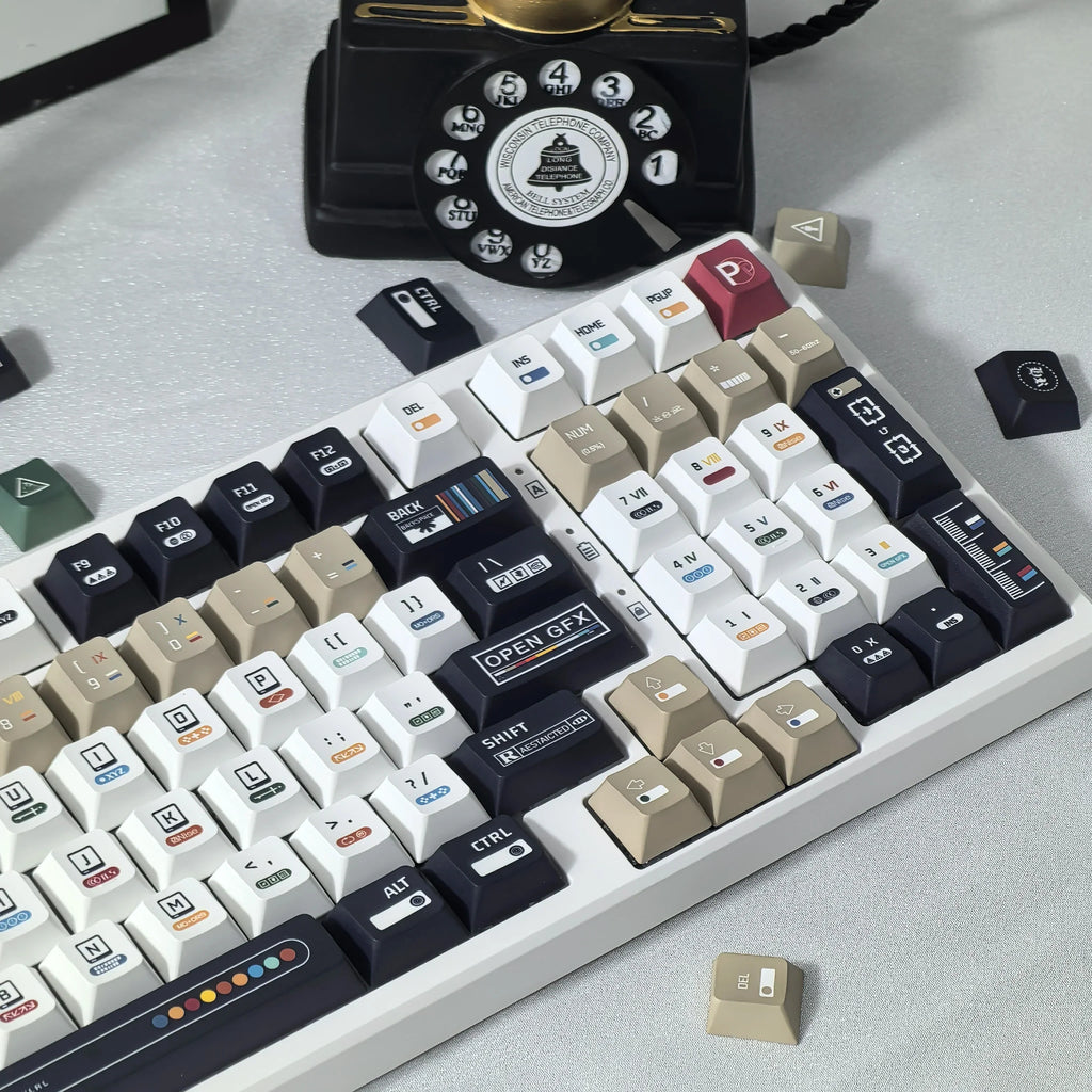 Korean Keycaps Maximalism Theme Keycap 135Keys Cherry Pbt Russian English Retro Keycap Black White Design  “L ”Shape Enter Key